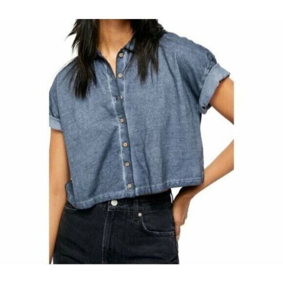 Free People OB1089303 Womens Sz S Navy Weekend Rush Button Down Collared Top - Picture 7 of 7